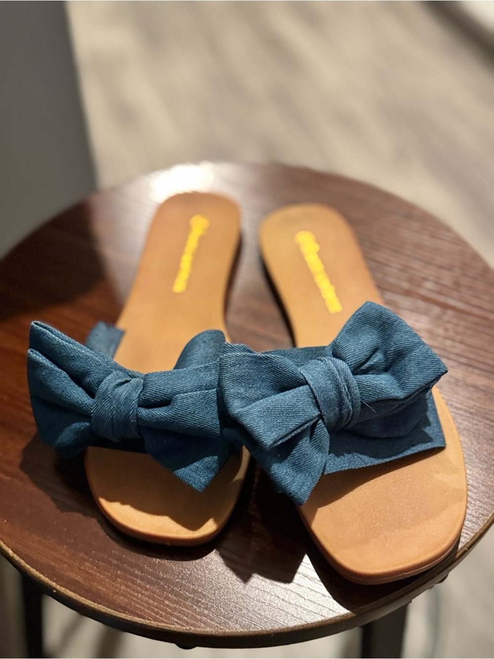 Denim Bow-Accent Slide Sandals